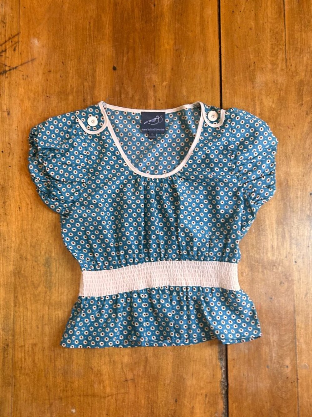 Peplum top by Knitted Dove, turquoise w/red & white, button accents, size L